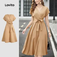 Lovito Vestido Casual Elegante Com Cadarço Primavera/verão Cáqui Para Mulheres LBL28253