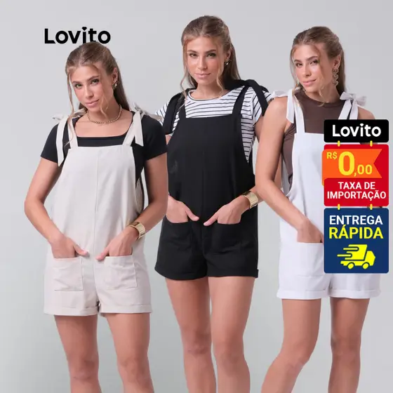 Lovito Macacão Salopete Curto Sem Mangas com Amarração nos Ombros e Alfaiataria Feminino Verão LB296BRL325