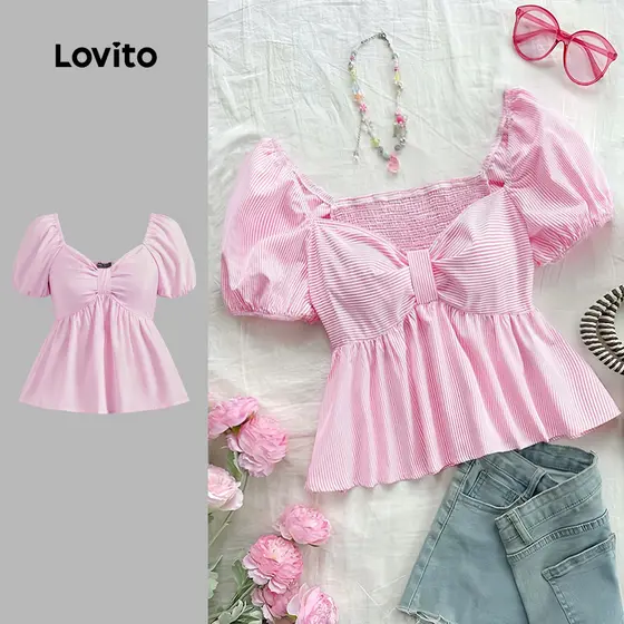 Lovito Blusa Casual listrada plissada para mulheres L128ED608