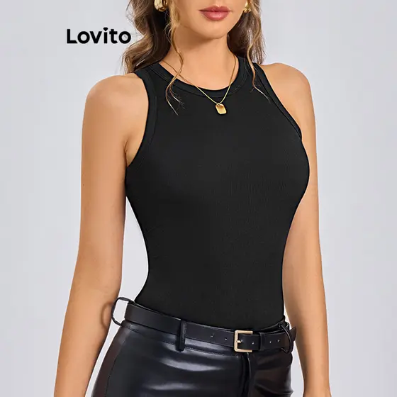 Lovito Regata Casual De Malha Canelada Lisa Para Mulheres LBL13036 (Multicolorido)