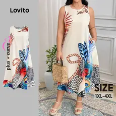 Lovito Férias Vestido Plus Size curva com padrão de plantas para mulheres LBL22062