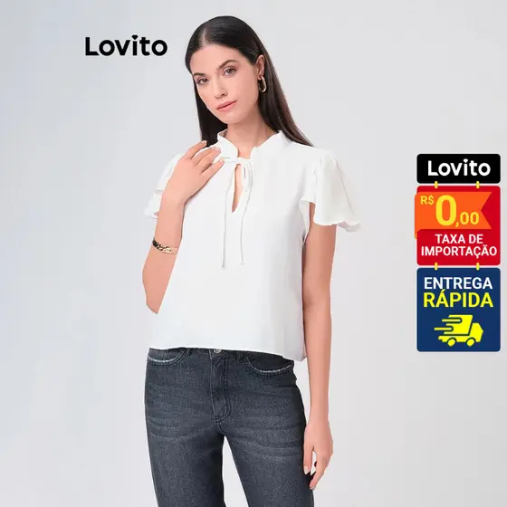 Lovito Blusa Feminina de Babados com Decote Gota Tecido Fluido Basica LB10BRL039