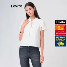 Lovito Blusa Feminina de Babados com Decote Gota Tecido Fluido Basica LB10BRL039