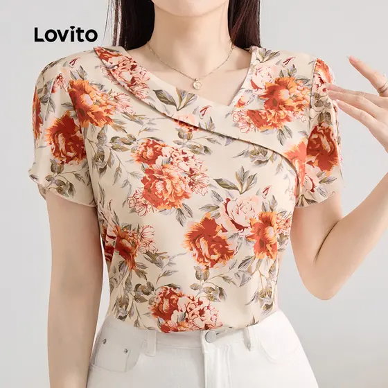 Lovito Blusa Casual Assimétrica com Flores Blusa de Primavera/verão para Mulheres L143ED131