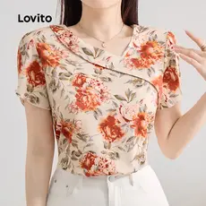 Lovito Blusa Casual Assimétrica com Flores Blusa de Primavera/verão para Mulheres L143ED131