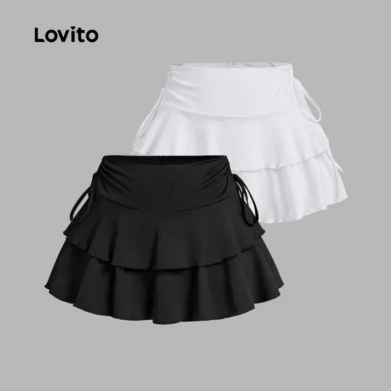 Lovito Saia Casual Feminina Lisa Com Cadarço E Bainha Com Babados, Camadas E Babados, Saia De Verão/primavera L133AD424