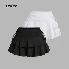 Lovito Saia Casual Feminina Lisa Com Cadarço E Bainha Com Babados, Camadas E Babados, Saia De Verão/primavera L133AD424