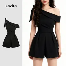 Lovito Macacão Elegante Ombros À Mostra Assimétrico com Laço Na Frente Primavera/verão Preto para Mulheres L155ED1440