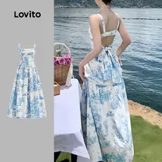 Lovito Vestido Elegante Com Estampa Floral Miúda Decote Nas Costas E Laço Estilo Resort Para Mulheres L124AD612