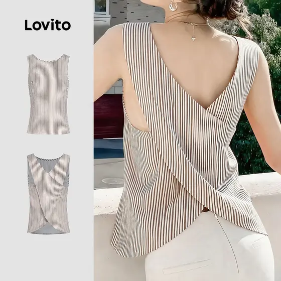 Lovito Blusa Casual Sem Mangas Nas Costas para Primavera/verão Top Marrom para mulheres L157ED433