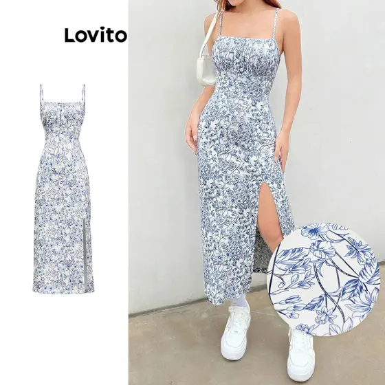 Lovito Vestido Casual Floral Com Fenda Frontal Longo Para Mulheres L110AD166
