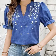 Lovito Blusa Casual com Acabamento em Folhas para Mulheres - Blusa Primavera/Verão L178LD1606