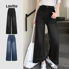 Lovito Calça Jeans Feminina Casual Bolso Liso Cat's Whiskers Jeans Para Todas As Estações L102AD460