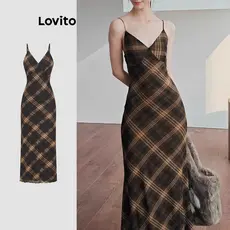 Lovito Vestido casual xadrez estrutura linha para mulheres L122AD011