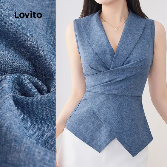 Lovito Regata Casual Assimétrica Plissada Primavera/Verão Azul Regata Para Mulheres L135ED203