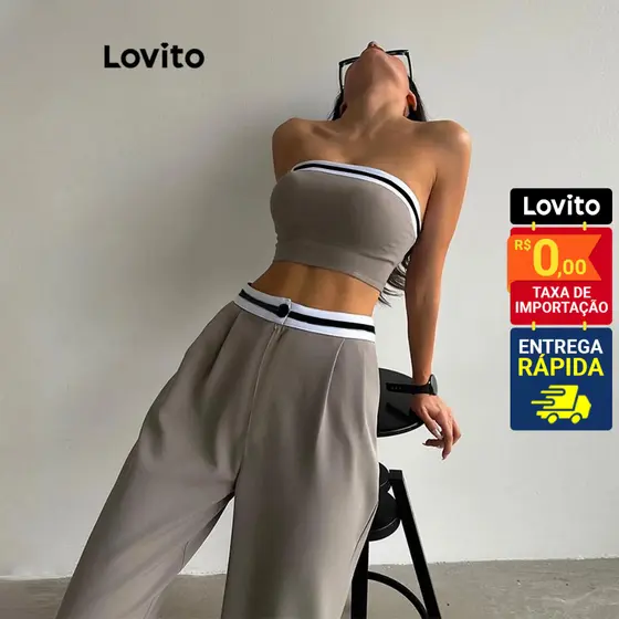 Lovito Conjunto Feminino Casual Top e Calça com Elástico Contrastante LNL42158