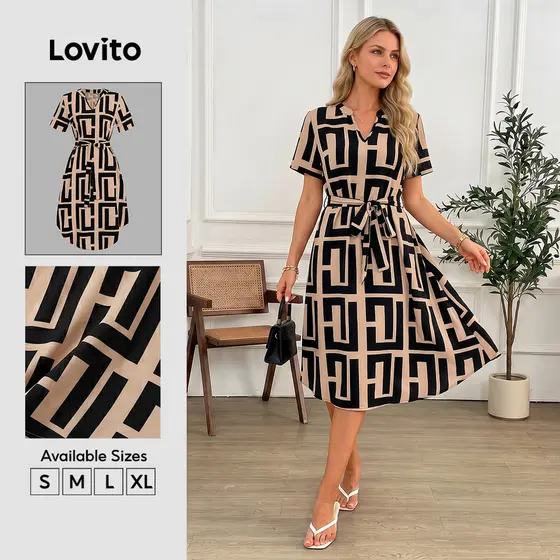 Lovito Casual Vestido Com Estampa Geométrica Vestido Com Cadarço Para Mulheres Bordado LNL75255