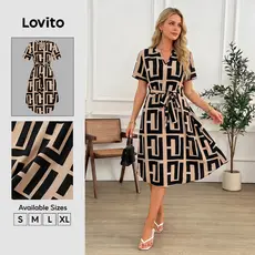 Lovito Casual Vestido Com Estampa Geométrica Vestido Com Cadarço Para Mulheres Bordado LNL75255