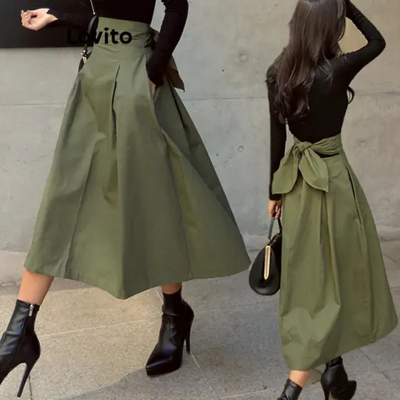 (Trendy) Lovito Saias Casuais Com Laço Liso E Bolso Nas Costas Para Mulheres LNL62346