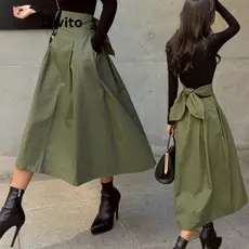 (Trendy) Lovito Saias Casuais Com Laço Liso E Bolso Nas Costas Para Mulheres LNL62346