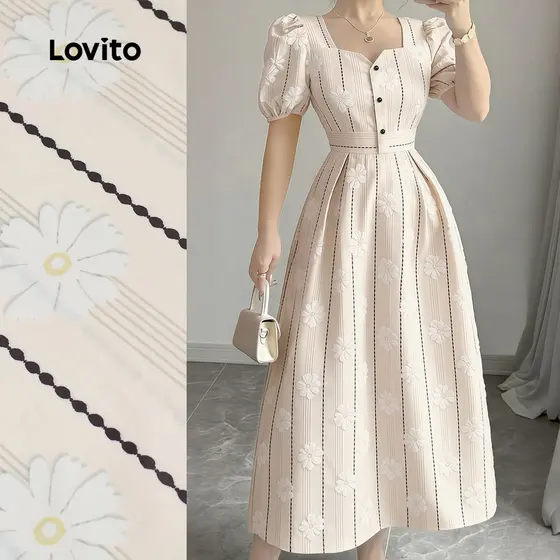 (NEW) Lovito Vestido Casual com Botões Na Frente e Recortes Vestido Primavera/verão para Mulheres L177ED409