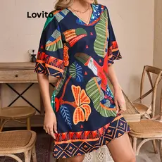 Lovito Vestido Casual Tropical Com Amarração Nas Costas Verão/Primavera Vestido Com Cinto Boho Para Mulheres LBL17238