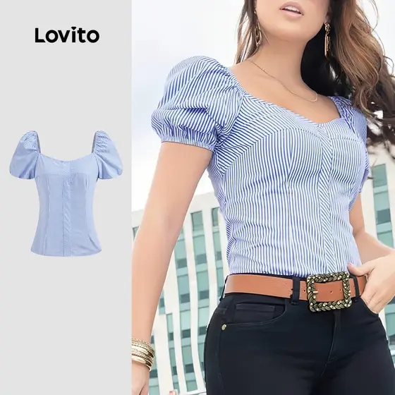 Lovito Blusa Casual Listrada Geométrica Plissada Blusa Verão/primavera Para Mulheres L128ED809