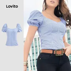 Lovito Blusa Casual Listrada Geométrica Plissada Blusa Verão/primavera Para Mulheres L128ED809
