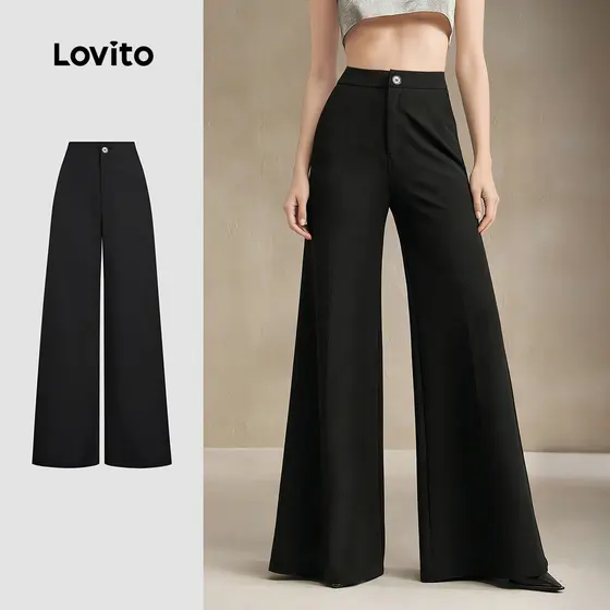 Lovito Calças Elegantes Simples para O Dia a Dia de Lazer Primavera/verão Calças Pretas para mulheres L184ED878
