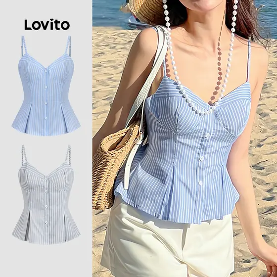 Lovito Blusa Casual de Botões No Topo com Pregas Linha Estrutural Primavera/verão Azul para mulher L144AD031
