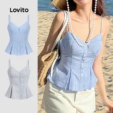 Lovito Blusa Casual de Botões No Topo com Pregas Linha Estrutural Primavera/verão Azul para mulher L144AD031