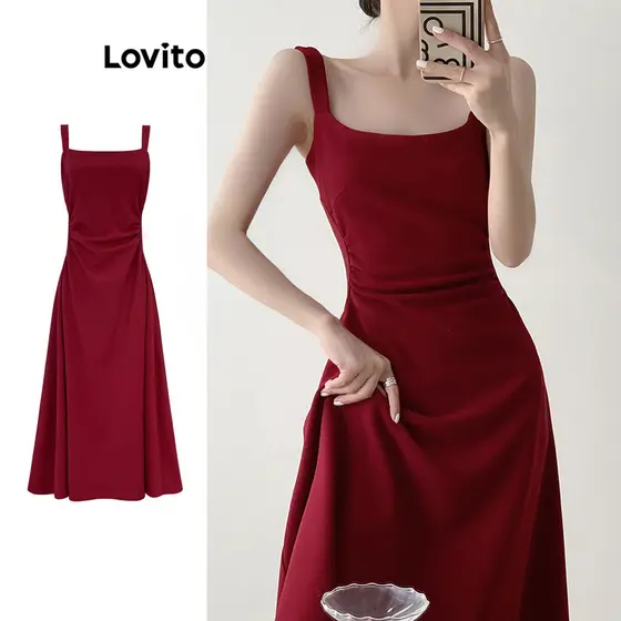 Lovito Vestido Elegante Liso E Plissado Para Mulheres LNM83179
