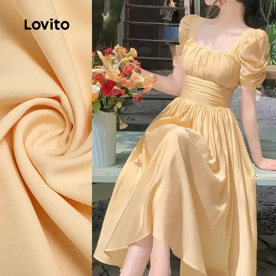 Lovito Vestido Elegante Pregueado com Boa Textura Vestido Amarelo para Primavera/verão para mulheres L137LD391