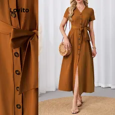 Lovito Vestido Casual liso com amarração frontal e botão para mulheres LBL23902