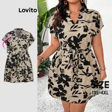 Lovito Vestido Casual Curva Plus Size Floral Com Cinto Padrão Vestido De Verão Para Mulheres LBL20284