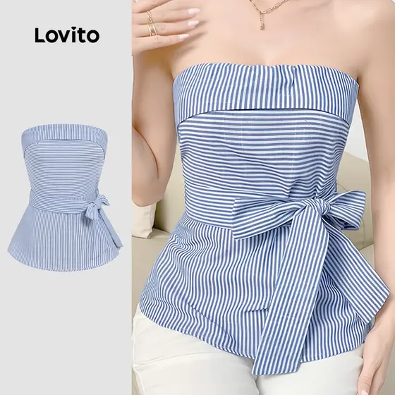 Lovito Top Casual Feminino Listrado Com Zíper E Amarração Frontal Regata De Verão/primavera L129AD1477