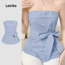 Lovito Top Casual Feminino Listrado Com Zíper E Amarração Frontal Regata De Verão/primavera L129AD1477