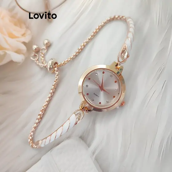 Lovito Elegante relógio de quartzo à prova d'água com strass liso e esmalte para mulheres LFA30366