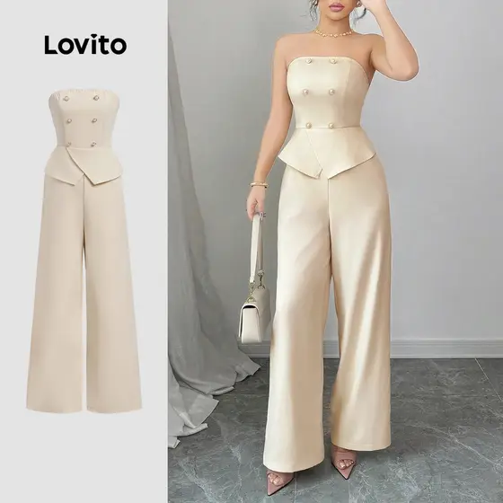 Lovito Macacão Elegante Com Botões Simples E Duplos Para Mulheres, Verão E Primavera L133ED612
