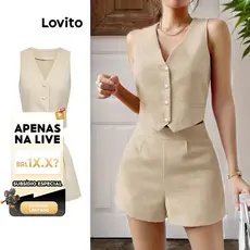 (LIVE STREAM SALE) Lovito Tops ou calças femininas elegantes com botão liso e bolso frontal L74ED069
