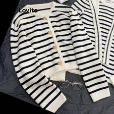 Lovito Curto Casual Cardigans Listrados Com Botões Frontais Baggy Para Mulheres LNL61203