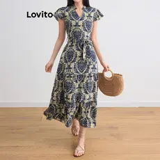 Lovito Férias Vestido Com Estampa Tribal E Babados Na Bainha Vestido De Verão/primavera Para Mulheres L105MD093