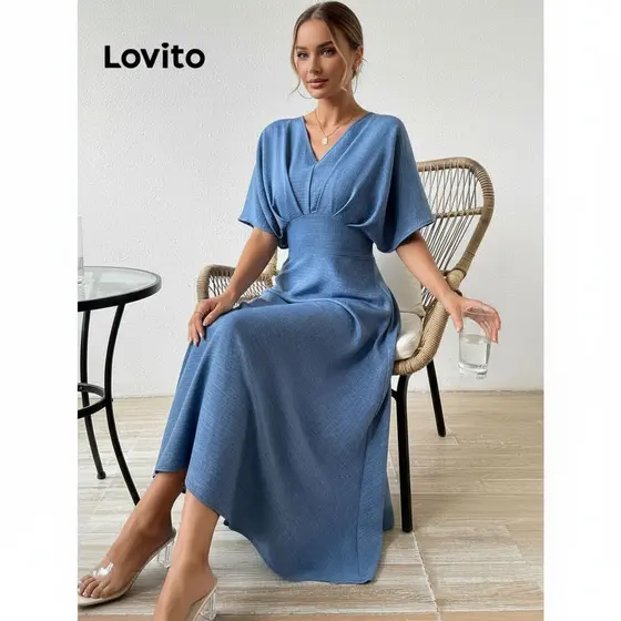 (Lovito x Ana) Vestido Feminino Elegante Com Pregas E Corte Estruturado Primavera/Verão LNL83157