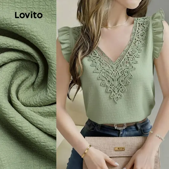 Lovito Blusa Casual com Babados No Pescoço para Primavera/verão Blusa Verde para Mulheres L164ED178