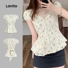 (NEW) Lovito Blusa Fofa de Renda com Botões Na Frente para Primavera/verão para Mulheres L154ED1015