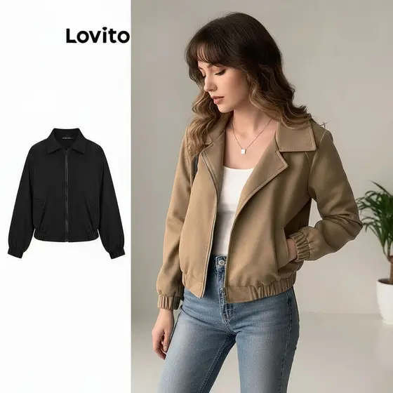 Lovito Jaqueta Casual Feminina com Zíper Lisa Marrom LNE30129