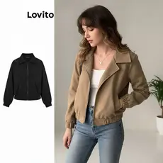 Lovito Jaqueta Casual Feminina com Zíper Lisa Marrom LNE30129