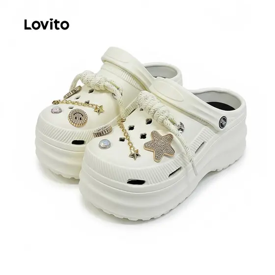 Lovito Sandálias Rasteiras Casuais Lisas Com Decoração Em Nicho E Estrelas De Strass Estilo Coreano Moderno E Versátil Para Mulheres LFA69122