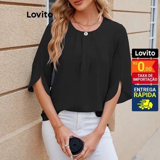 Lovito Camisa Plissada Manga 3/4 Gola Redonda Basica Feminina LNL43011