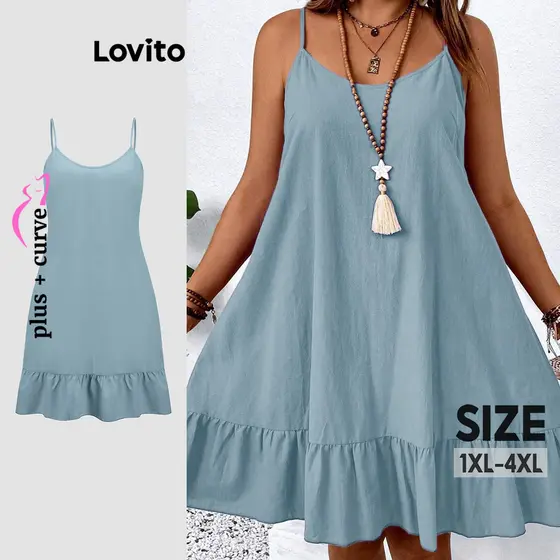 Lovito Vestido Curva Plus Size Casual Com Babados Lisos Para Mulheres LBL18844